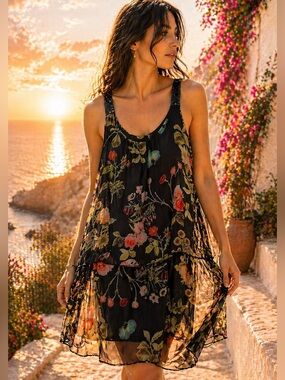Elena Baldi Silk Blend Dark Floral Dress Black Sheer Layers Large Made in Italy